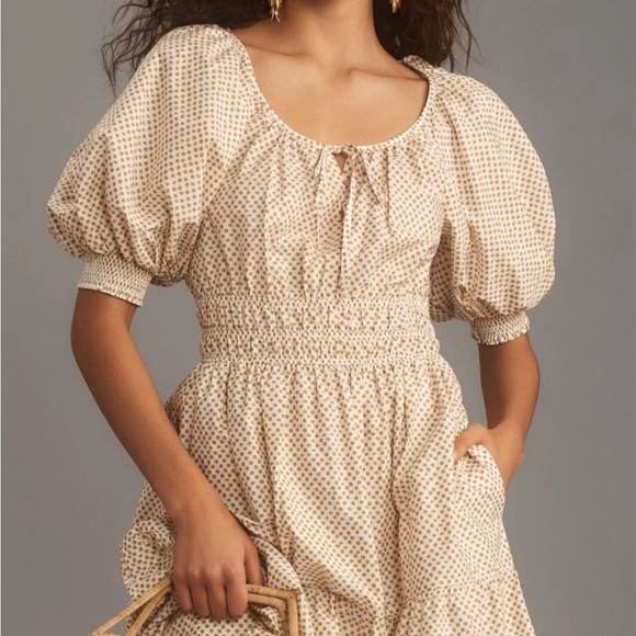 Anthropologie Somerset Abstract Dot Puff Sleeve Tiered Maxi Dress White Tan NWT - Picture 2 of 12